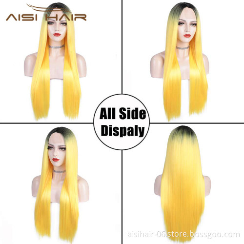 Aisi Hair Hotselling Wholesale Vendor 28 Inch Long Silky Straight Ombre Yellow Wig For Black Women Synthetic Hair Wigs